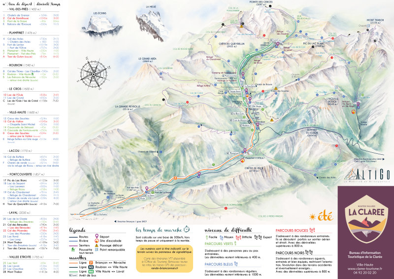 carte des randonnées et navettes - Vallée de la Clarée